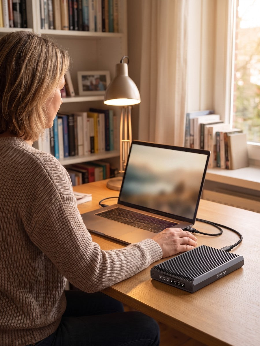 Vrouw aan een bureau met laptop en de RAID-behuizing binnen handbereik