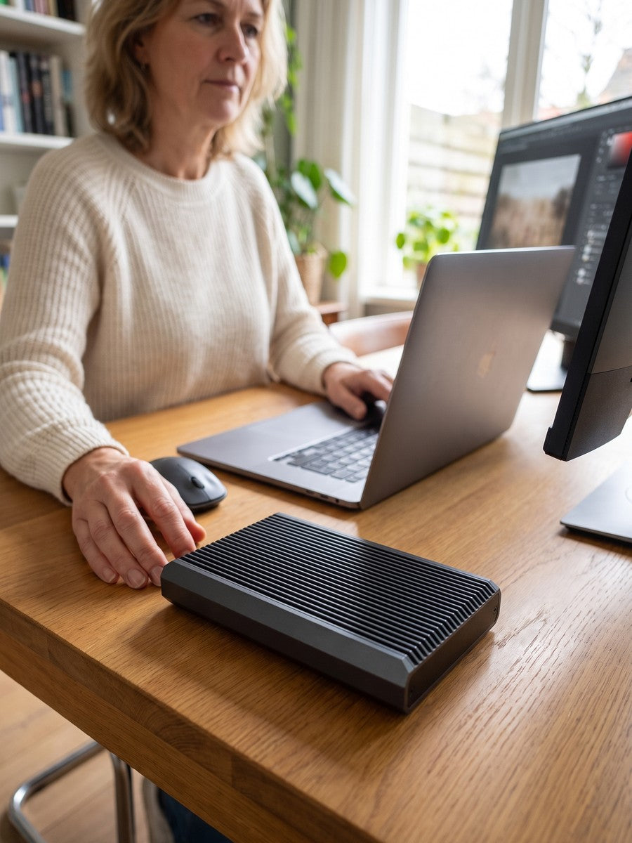 Vrouw werkt aan een bureau, de RAID-behuizing staat prominent naast haar laptop