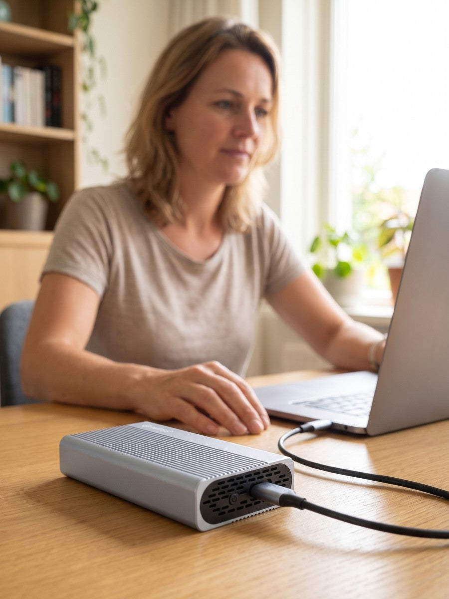 Vrouw werkt aan haar laptop met de Switss USB4-behuizing op de voorgrond
